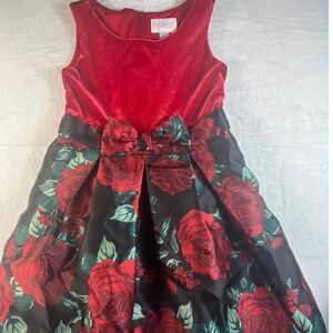 Girls Red Velvet & Rose Print Holiday Dress • Elegant Floral Party Bow Style